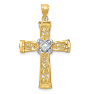 14k Yellow Gold and Rhodium Diamond-Cut Filigree Cross Pendant K6321