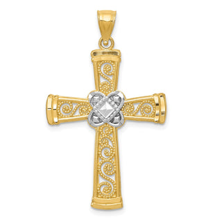 14k Yellow Gold and Rhodium Diamond-Cut Filigree Cross Pendant K6321