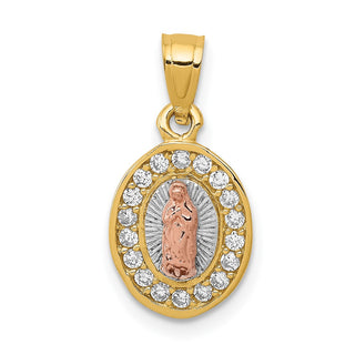 14k Two-tone Gold w/ Rhodium Oval Cubic Zirconia Lady of Guadalupe Pendant K6345