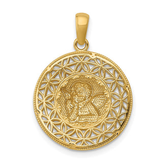 14k Yellow Gold And Rhodium Polished Filigree Guardian Angel Pendant