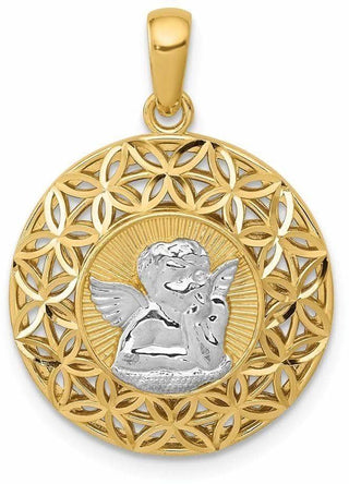 14k Yellow Gold And Rhodium Polished Filigree Guardian Angel Pendant