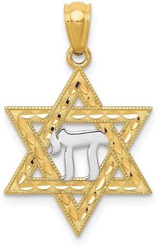 14k Yellow Gold and Rhodium Star Of David with Chai Pendant