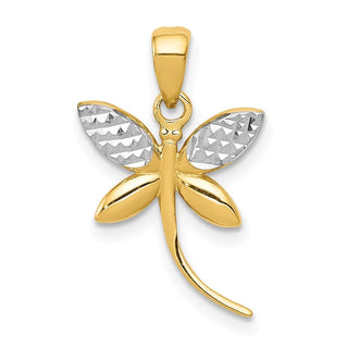 14k Yellow Gold And Rhodium Diamond-Cut And Polished Dragonfly Pendant