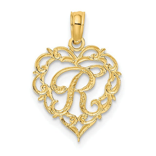14k Yellow Gold R Script Initial In Heart Pendant