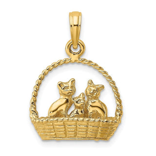 14k Yellow Gold 3-D Cats Inside Of Basket Pendant