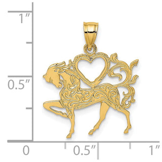 14k Yellow Gold Textured Heart and Horse Pendant