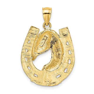 14k Yellow Gold 2-D Polished and Engraved Horse Head In Shoe Pendant