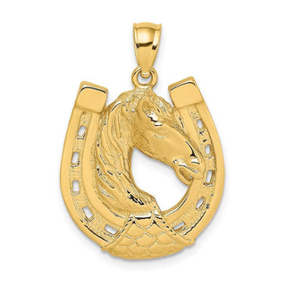 14k Yellow Gold 2-D Polished and Engraved Horse Head In Shoe Pendant