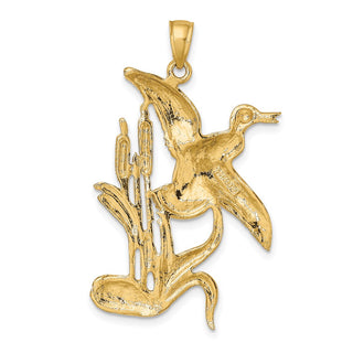 14k Yellow Gold 2-D Duck Flying From Willow Pendant