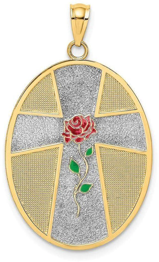 14k Yellow Gold & Rhodium with Red & Green Enamel Rose Serenity Prayer Pendant