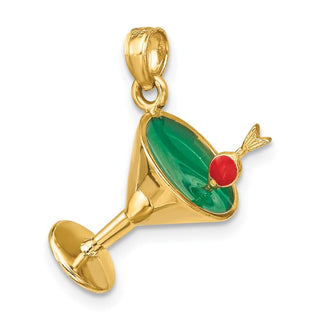 14k Yellow Gold 3-D Green Enamel Martini w/Cherry Pendant