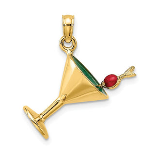 14k Yellow Gold 3-D Green Enamel Martini w/Cherry Pendant