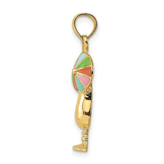 14k Yellow Gold Tropical Drink w/Multi-Colored Enamel Umbrella Pendant