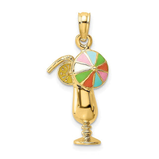 14k Yellow Gold Tropical Drink w/Multi-Colored Enamel Umbrella Pendant