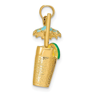 14k Yellow Gold 3-D Cocktail Drink w/ Enamel Umbrella and Lime Pendant