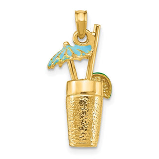 14k Yellow Gold 3-D Cocktail Drink w/ Enamel Umbrella and Lime Pendant
