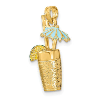 14k Yellow Gold 3-D Cocktail Drink w/ Enamel Umbrella and Lime Pendant
