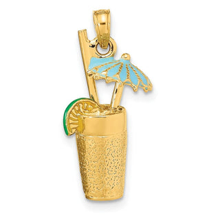 14k Yellow Gold 3-D Cocktail Drink w/ Enamel Umbrella and Lime Pendant