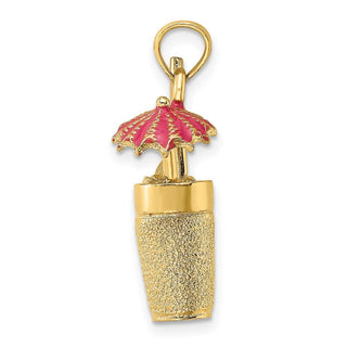 14k Yellow Gold 3-D Cocktail Drink w/ Fuchsia Enamel Umbrella and Lime Pendant