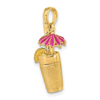 14k Yellow Gold 3-D Cocktail Drink w/ Fuchsia Enamel Umbrella and Lime Pendant