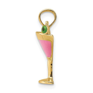 14k Yellow Gold 2-D Pink Enameled Cosmo Martini w/Olive Pendant