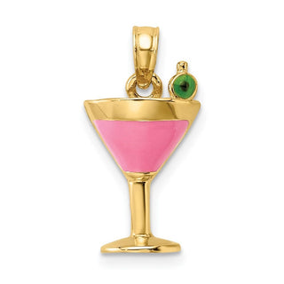 14k Yellow Gold 2-D Pink Enameled Cosmo Martini w/Olive Pendant