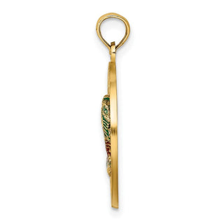 14k Yellow Gold Florida Round Frame w/Green Enamel Palm Trees Pendant