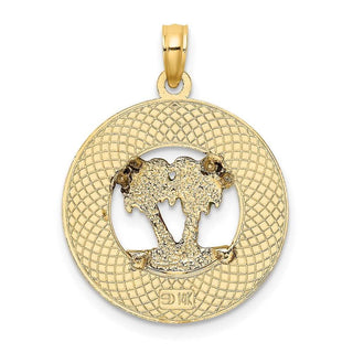 14k Yellow Gold Florida Round Frame w/Green Enamel Palm Trees Pendant