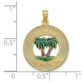 14k Yellow Gold Florida Round Frame w/Green Enamel Palm Trees Pendant