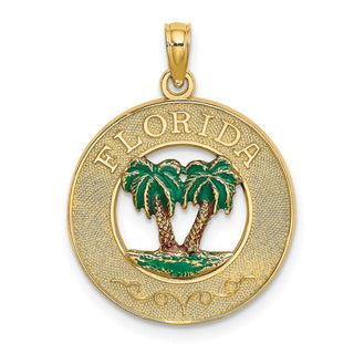 14k Yellow Gold Florida Round Frame w/Green Enamel Palm Trees Pendant
