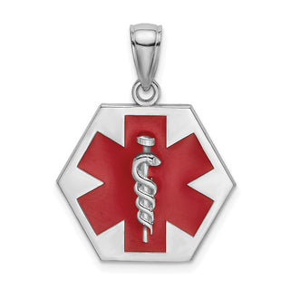 14K White Gold Enameled Textured Back Caduceus Medical Disc Pendant