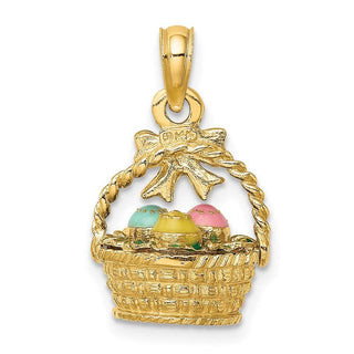 14k Yellow Gold 3-D Enameled Easter Basket w/ Bow and Eggs Pendant