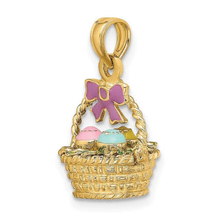14k Yellow Gold 3-D Enameled Easter Basket w/ Bow and Eggs Pendant
