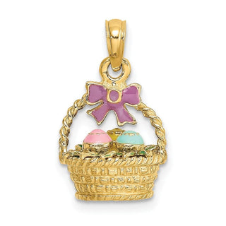14k Yellow Gold 3-D Enameled Easter Basket w/ Bow and Eggs Pendant
