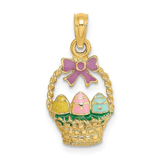 14k Yellow Gold Enameled Easter Basket w/ Bow and Eggs Pendant