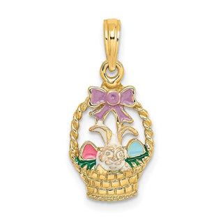 14k Yellow Gold Enameled Easter Basket w/ Bunny, Bow and Eggs Pendant