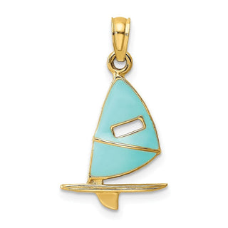 14k Yellow Gold Blue Enameled Windsail Surf Board Pendant