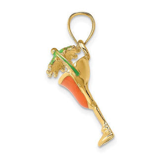 14k Yellow Gold 2-D Orange Enameled Margarita Drink w/ Umbrella and Lima Pendant