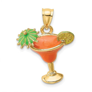 14k Yellow Gold 2-D Orange Enameled Margarita Drink w/ Umbrella and Lima Pendant