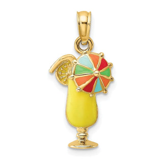 14k Yellow Gold Yellow Enamel Drink w/Multi-Colored Umbrella Pendant
