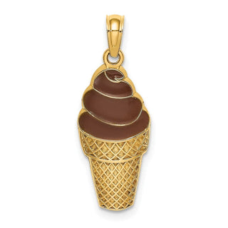 14k Yellow Gold w/Brown Enamel Chocolate Ice Cream Cone Pendant