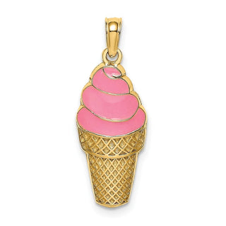 14k Yellow Gold Pink Enameled Strawberry Ice Cream Cone Pendant
