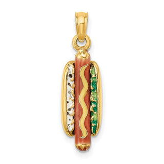 14k Yellow Gold 3-D Enamel Hot Dog w/Bun Pendant