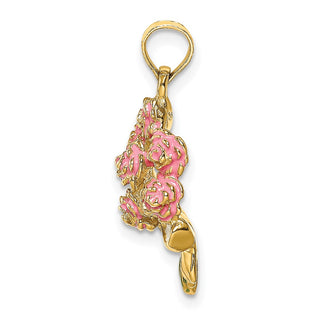 14k Yellow Gold Enameled Bouquet of Pink Roses Pendant