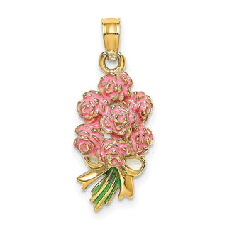 14k Yellow Gold Enameled Bouquet of Pink Roses Pendant