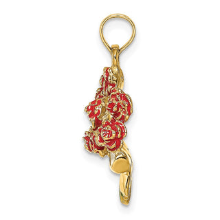 14k Yellow Gold Enameled Bouquet of Red Roses Pendant