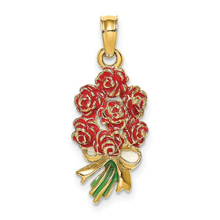 14k Yellow Gold Enameled Bouquet of Red Roses Pendant