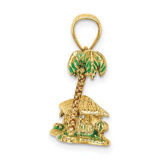 14k Yellow Gold 3-D w/ Enamel Palm Tree and Hut Pendant