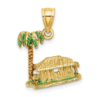 14k Yellow Gold 3-D w/ Enamel Palm Tree and Hut Pendant