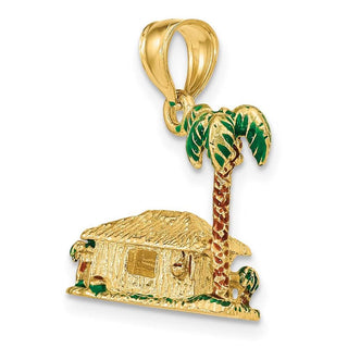 14k Yellow Gold 3-D w/ Enamel Palm Tree and Hut Pendant